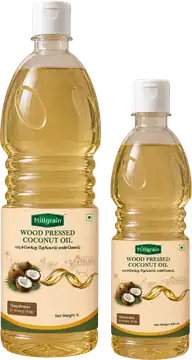 Wood-pressed coconut oil for cooking in 1 litre and 500 ml bottles